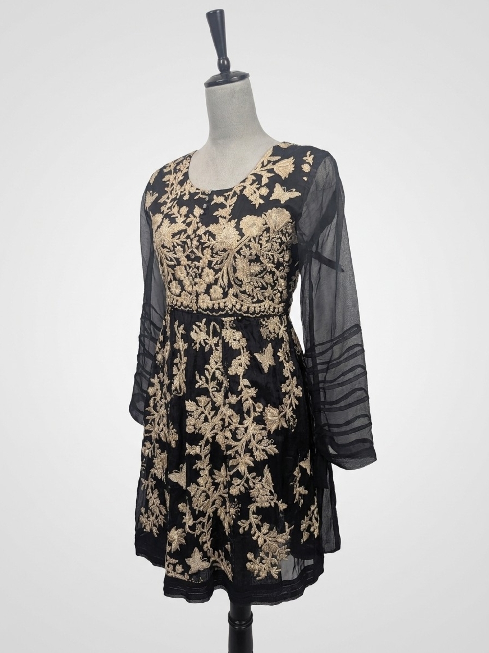 Elegant Black Long-Sleeve Dress with Gold Floral Embroidery